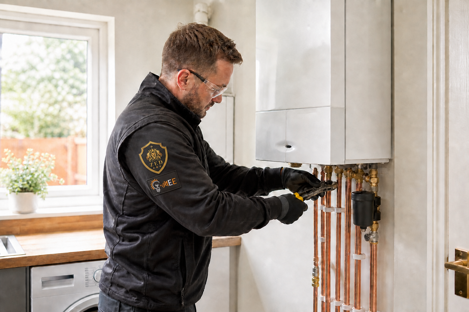 ZED and AEE engineer working on a domestic boiler