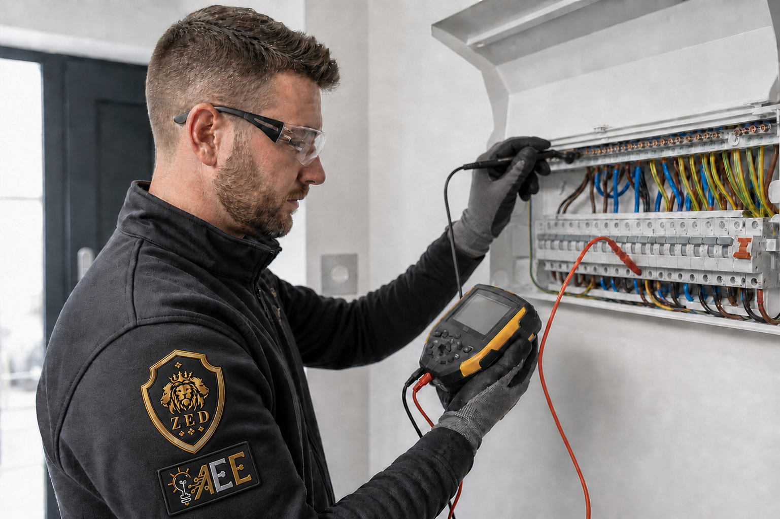 ZED and AEE engineer carrying out electrical installation testing