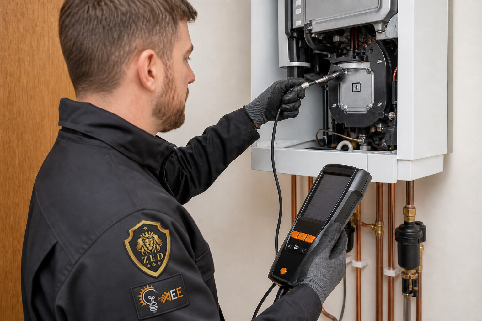 ZED and AEE engineer testing a domestic boiler
